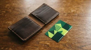 Bankkarte und Lederbrieftasche auf einem Tisch