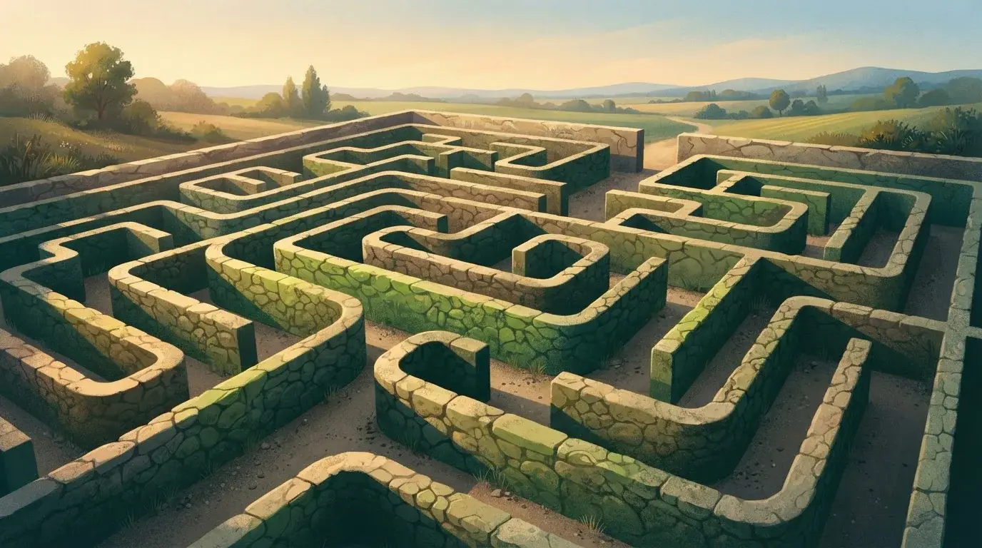 Geometrisches Labyrinth mit einem klar erkennbaren Ausgang