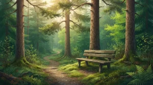Leere Holzbank an einem ruhigen Weg im Wald