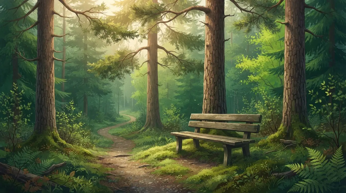 Leere Holzbank an einem ruhigen Weg im Wald