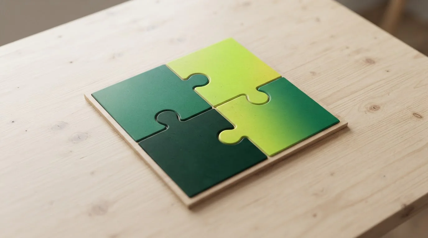 Vier ineinandergreifende Puzzleteile auf einer hellen Tischfläche